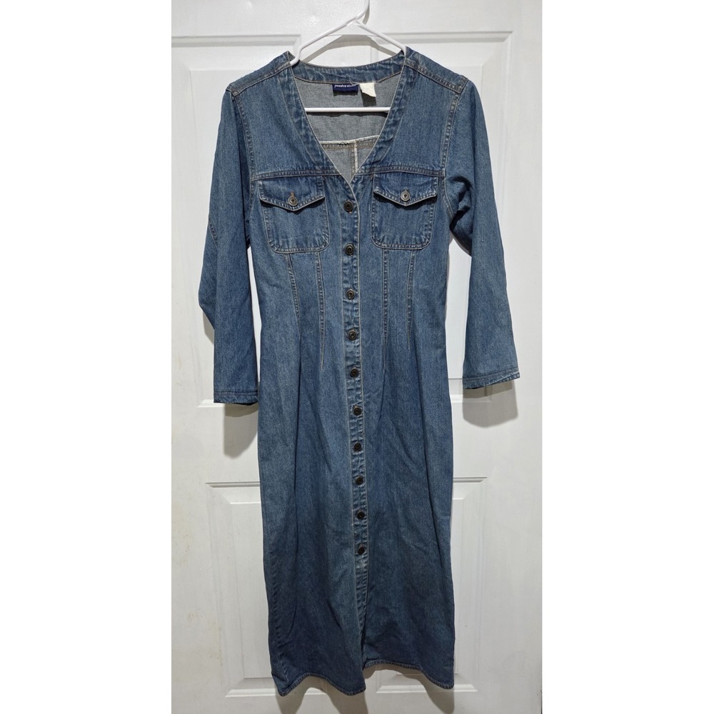 Hobnob Blues Denim Maxi Shirt Button Front Long Sleeve Dress Vtg 1980s Women S